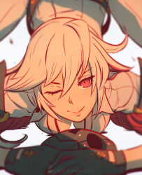 1girl ankh_print black_gloves blush bodysuit breasts closed_mouth commentary gloves guilty_gear guilty_gear_xrd hair_between_eyes holding holding_mask jack-o&#039;_valentine koyorin long_hair looking_at_viewer mask medium_breasts multicolored_hair no_halo one_eye_closed own_hands_together red_eyes red_hair smile solo top-down_bottom-up two-tone_hair unworn_mask watermark web_address white_bodysuit white_hair