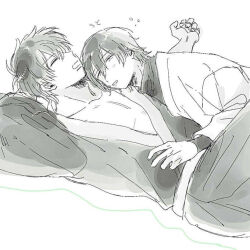 Rule 34 | 2boys, closed eyes, gintama, greyscale, hijikata toushirou, japanese clothes, kimono, male focus, monochrome, multiple boys, open clothes, open kimono, se0h, sleeping, sleeping on person, snoring, yamazaki sagaru, yaoi