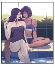 2girls asami_sato avatar_legends bare_arms bare_legs bikini black_bikini black_hair black_one-piece_swimsuit breasts brown_hair closed_mouth collarbone commentary dark-skinned_female dark_skin day dogwhitee english_commentary highres korra long_hair medium_breasts multiple_girls off-shoulder_one-piece_swimsuit off_shoulder one-piece_swimsuit outdoors pool short_hair swimsuit the_legend_of_korra yuri