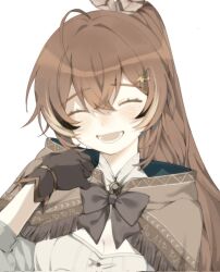 Rule 34 | 1girl, :d, ahoge, brown capelet, brown cloak, brown gloves, brown hair, capelet, cleavage cutout, cloak, closed eyes, clothing cutout, eliora202, facing viewer, feather hair ornament, feathers, gloves, hair ornament, hairclip, hieroglyphics, highres, hololive, hololive english, long hair, lower teeth only, nanashi mumei, nanashi mumei (1st costume), open mouth, ponytail, portrait, shirt, smile, teeth, very long hair, virtual youtuber, white shirt