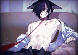 Rule 34 | 2boys, animal ears, bite mark, black hair, blood, bruise, chino (sky tanosi), collar, commentary, couch, dog boy, dog ears, ears down, furrowed brow, hair over one eye, highres, indoors, injury, leash, male focus, multiple boys, open fly, original, pov, reverse ryona, shirt, shirt partially removed, short hair, sitting, sweat, symbol-only commentary, trembling, viewer holding leash, white shirt