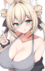 1girl :q alternate_costume animal_ear_fluff animal_ears bare_shoulders black_jacket black_ribbon blonde_hair blush braid breasts cat_ears cat_girl cleavage closed_mouth collarbone double-parted_bangs double_bun fullsaber2 green_eyes grey_sports_bra hair_between_eyes hair_bun hair_intakes hair_ribbon hand_up highres jacket jacket_partially_removed large_breasts long_hair long_sleeves looking_at_viewer manuka_(vrchat) off_shoulder open_clothes raised_eyebrows ribbon simple_background smile solo sports_bra tongue tongue_out twintails upper_body v vrchat white_background