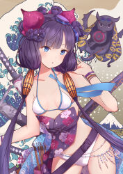 1girl absurdres bare_shoulders bikini blue_eyes breasts commentary fate/grand_order fate_(series) flower goggles goggles_on_head hair_flower hair_ornament highres holding holding_paintbrush katsushika_hokusai_(fate) katsushika_hokusai_(swimsuit_saber)_(fate) light_blush long_hair looking_at_viewer octopus paintbrush pelvic_curtain purple_hair small_breasts swim_goggles swimsuit sword twintails wang_man water weapon white_bikini