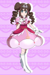 1girl asatsuki_(fgfff) blue_eyes boots bright_pupils brown_hair choker closed_mouth commentary_request double_bun dress drill_hair drop_shadow frown full_body gloves hair_bun hair_ornament hand_up highres knees long_hair nintendo pink_dress pokemon pokemon_bw2 pokestar_studios purple_background rosa_(pokemon) solo standing tiara twin_drills white_boots white_gloves white_pupils