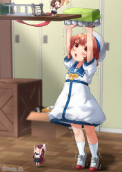 3girls blue_sailor_collar bow box brown_eyes cardboard_box depth_charge dress failure_penguin fairy_(kancolle) hair_rings hat highres izumikuma kaiboukan_no._4_(kancolle) kantai_collection long_hair low_twintails miss_cloud multiple_girls sailor_collar sailor_dress sailor_hat tiptoes twintails white_dress white_hat yellow_bow