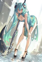 1girl absurdres aqua_dress aqua_hair aqua_nails bent_over black_horns black_shoes breasts china_dress chinese_clothes cleavage cleavage_cutout clothing_cutout commission curled_horns demon_horns dress fingernails gold_trim grin hair_between_eyes hand_on_own_knee highres holding holding_scythe horns large_breasts long_fingernails long_hair looking_at_viewer lucadark_art morello_(morellostorment) nail_polish original pelvic_curtain red_eyes scythe shoes skeb_commission skull sleeveless sleeveless_dress smile solo standing thigh_strap twintails very_long_hair
