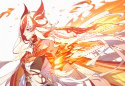 1girl bare_shoulders breasts chinese_commentary colored_extremities commentary_request dress feng_yi_xiao fire from_side fu_hua fu_hua_(garuda) hair_ornament hand_up highres honkai_(series) honkai_impact_3rd long_hair looking_ahead multicolored_hair orange_eyes orange_hair orange_scales orange_theme parted_lips red_hands simple_background small_breasts solo two-tone_hair white_dress white_hair yellow_pupils