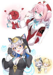3girls a10_(avxv8374) absurdres adjusting_eyewear aglaea_(honkai:_star_rail) ancient_greek_clothes animal_ear_fluff animal_ears animal_hood aqua_eyes aqua_hair black_gloves black_leotard blonde_hair blue_eyes breasts cat_ears cat_girl cat_hood cat_tail chibi cipher_(honkai:_star_rail) commentary_request dress fang fingerless_gloves glasses gloves greco-roman_clothes grey_hair hat heart highres honkai:_star_rail honkai_(series) hood hooded_leotard hyacine_(honkai:_star_rail) large_breasts laurel_crown leotard little_ica_(honkai:_star_rail) multicolored_hair multiple_girls pink_hair red_dress red_hat short_hair_with_long_locks skin_fang tail twintails two-tone_hair white_dress yellow_nails