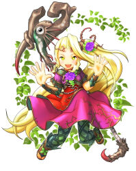 Rule 34 | 1girl, blonde hair, dress, flower, full body, green eyes, hair flower, hair ornament, kid icarus, kid icarus uprising, long hair, looking at viewer, nintendo, ponytail, red dress, sandals, signature, staff, tanukino, very long hair, viridi