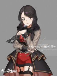 1girl amoris_(bang_dream!) bang_dream! bang_dream!_it&#039;s_mygo!!!!! black_eyes black_hair cho_k_(choco_tcl) commission cosplay cowboy_shot highres holding holding_mask jewelry long_sleeves looking_to_the_side mask necklace pearl_necklace puffy_long_sleeves puffy_sleeves real_life second-party_source smile solo thigh_strap voice_actor_connection yonezawa_akane yuutenji_nyamu yuutenji_nyamu_(cosplay)