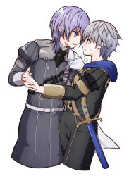 2boys ashe_ubert belt belt_buckle bishounen blue_hood breath buckle cape commentary_request cropped_legs fire_emblem fire_emblem:_three_houses garreg_mach_monastery_uniform grey_hair holding_hands holstered hood hood_down long_sleeves male_focus multiple_boys nervous_sweating nintendo nononon_r profile purple_eyes purple_hair school_uniform side_cape sleeve_cuffs sweat sword twitter_username weapon white_belt white_cape yaoi yuri_leclerc
