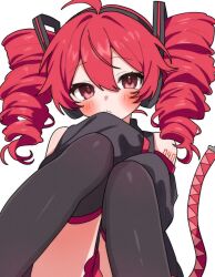 Rule 34 | 1girl, bare shoulders, black thighhighs, blush, cosplay, detached sleeves, drill hair, feet out of frame, hair between eyes, hair ornament, haru maron, hatsune miku, hatsune miku (cosplay), highres, kasane teto, knees together feet apart, knees up, long hair, looking at viewer, red eyes, red hair, sitting, solo, thighhighs, twin drills, utau, white background