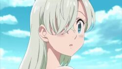 Rule 34 | 1boy, 2girls, animated, anime screenshot, ass, blue eyes, blush, breasts, cleavage, completely nude, elizabeth liones, female focus, hair over one eye, height growth, helmet, large breasts, long hair, multiple girls, nanatsu no taizai, nude, purple hair, short hair, tagme, veronica liones, video