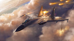 absurdres aerial_battle aircraft airplane battle cloud cloudy_sky contrail fighter_jet flares_(countermeasure) highres jeffholy military_vehicle original people&#039;s_liberation_army_navy_air_force shenyang_j-15 sky vehicle_focus