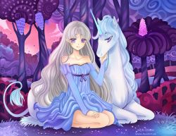 1girl bare_shoulders dress dual_persona fantasy female_focus forest horns lady_amalthea larienne long_hair nature purple_eyes silver_hair solo the_last_unicorn the_unicorn_(the_last_unicorn) unicorn