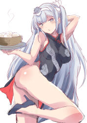 1girl alternate_costume bamboo_steamer black_dress black_shoes breasts china_dress chinese_clothes dragon_print dress food fuji_(pixiv24804665) fuyutsuki_(kancolle) grey_eyes grey_hair highres kantai_collection looking_at_viewer medium_breasts one_side_up shoes side_slit simple_background solo standing standing_on_one_leg steamed_bun white_background