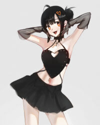 Rule 34 | absurdres, ahoge, black hair, breasts, cleavage cutout, clothing cutout, colored eyelashes, commentary, contrapposto, cross, crucifix, dress, elbow gloves, english commentary, gloves, hair bun, hair ornament, halter dress, halterneck, heart, heart hair ornament, highres, mawaw, navel, original, see-through clothes, sidelocks, skirt, small breasts, smile, sparkling eyes