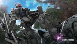 after_battle assault_visor beam_rifle blue_sky clenched_hand cloud company_name copyright_notice damaged dirty earth_federation energy_gun gm_(mobile_suit) gm_night_seeker gundam gundam_battle_operation_2 gundam_msv machinery mecha mecha_focus mobile_suit msv-r:_the_return_of_johnny_ridden neo_zeon no_humans official_art painting_(medium) radio_antenna realistic red_visor robot scan science_fiction sky stomping sunrise_(company) tenjin_hidetaka traditional_media tree weapon wreckage z&#039;gok-e