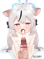 1boy 1girl animal_ear_fluff animal_ears bar_censor black_hair blue_archive blue_halo cat_ears cat_girl censored commentary_request completely_nude cum cum_in_mouth cum_on_body cum_on_tongue ejaculation facial flat_chest grey_hair halo heart heart_in_eye hetero kokona_(blue_archive) loli long_hair looking_at_viewer male_masturbation masturbation multicolored_hair nakajima_lupus nipples nude open_mouth paid_reward_available penis pov pov_crotch pov_hands red_eyes streaked_hair symbol_in_eye textless_version tongue tongue_out two-tone_hair variant_set