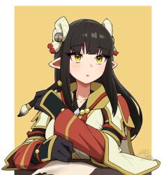 1girl :o black_hair blush border commentary hair_ornament highres holding holding_paintbrush japanese_clothes long_hair looking_at_viewer minoto mocha_mh monster_hunter_(series) monster_hunter_rise paintbrush paper pointy_ears signature simple_background solo symbol-only_commentary table white_border yellow_background yellow_eyes