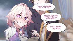1boy 1girl arm_hug black_choker black_coat blue_eyes blue_jacket blush breasts buttons caelus_(honkai:_star_rail) choker coat commentary earrings english_commentary english_text eri_(erikiri) flower_ornament grey_hair highres honkai:_star_rail honkai_(series) jacket jewelry march_7th_(honkai:_star_rail) march_7th_(preservation)_(honkai:_star_rail) medium_breasts medium_hair multicolored_eyes off-shoulder_jacket off_shoulder open_clothes open_coat pink_eyes pink_hair pink_jacket pink_pupils shirt single_earring smile speech_bubble trailblazer_(honkai:_star_rail) twitter_username two-tone_eyes upper_body white_shirt