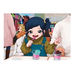2boys 3girls aged_down aikatsu! aikatsu!_(series) alternate_costume arm_up baseball_cap bent_v blonde_hair blue_eyes blue_overalls blush bow_hairband brown_sweater child closed_eyes coat cup dark-skinned_male dark_skin denim_overalls double_thumbs_up down_jacket faceless faceless_male food gloves green_gloves hair_ornament hairband hands_up hat head_out_of_frame highres holding holding_spoon hood hood_down hooded_coat hoshimiya_ichigo ice_cream ice_cream_cup indoors jacket kiriya_aoi long_sleeves looking_at_viewer mall multiple_boys multiple_girls open_mouth orange_coat osouzai-kun overalls pink_jacket side_ponytail sitting smile spoon star_(symbol) star_hair_ornament sweater swept_bangs table thumbs_up unworn_jacket v white_jacket white_sweater