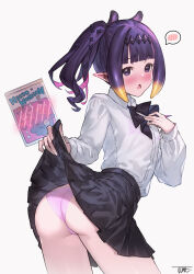 1girl :o ao-chan_(ninomae_ina&#039;nis) ass black_ribbon black_skirt blunt_bangs blush bra bra_visible_through_clothes clothes_lift collared_shirt colored_inner_hair commentary english_commentary flashing from_behind gradient_hair hand_up highres hololive hololive_english jun_wei looking_at_viewer looking_back medium_hair miniskirt multicolored_hair neck_ribbon ninomae_ina&#039;nis ninomae_ina&#039;nis_(school_uniform) official_alternate_costume official_alternate_hairstyle open_mouth orange_hair panties pantyshot pink_bra pink_hair pink_panties plaid_clothes plaid_skirt pleated_skirt pointy_ears purple_eyes purple_hair ribbon school_uniform shirt shirt_tucked_in side_ponytail sidelocks simple_background skirt skirt_lift solo spoken_blush tentacle_hair underwear virtual_youtuber white_background white_shirt