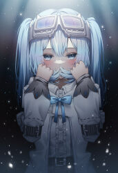 1girl arahashi_tabi aspih_sp belt blue_eyes blue_hair blue_ribbon blush center_frills coat collared_shirt commentary double-parted_bangs english_commentary frills goggles goggles_on_head grabbing_own_hair gradient_eyes highres looking_at_viewer multicolored_eyes ribbon shirt sleeves_past_wrists solo stellive twintails virtual_youtuber white_coat