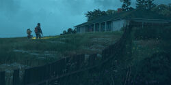 1girl abandoned american_flag flashlight flower grass gun highres house original robot simon_stalenhag tree weapon