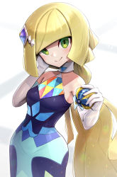 1girl beast_ball blonde_hair gonzarez green_eyes hair_over_one_eye highres holding holding_poke_ball long_hair lusamine_(pokemon) lusamine_(sygna_suit)_(pokemon) nintendo official_alternate_costume poke_ball pokemon pokemon_masters_ex simple_background solo very_long_hair white_background