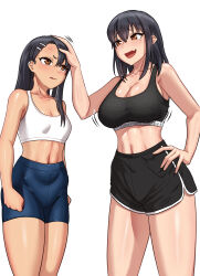 2girls :d anger_vein angry bike_shorts black_hair black_sports_bra breasts brown_eyes cleavage fang hand_on_own_hip highres ijiranaide_nagatoro-san junggawng_e large_breasts long_hair looking_at_another medium_hair midriff mole mole_under_eye multiple_girls nagatoro_hayase nagatoro_misaki navel open_mouth siblings simple_background sisters skin_fang small_breasts smile sports_bra stomach tan white_background white_sports_bra