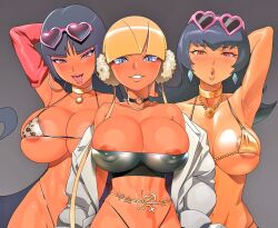 1girl areola_slip arm_behind_head arm_up armpits belt_buckle bikini black_hair breasts buckle condom condom_packet_strip condom_wrapper corruption covered_erect_nipples dark-skinned_female dark_skin diamond_earrings earrings elesa_(pokemon) eyewear_on_head gluteal_fold gold_bikini gyaru heart heart-shaped_eyewear hirokanekure jewelry large_breasts lips looking_at_viewer micro_bikini navel_piercing nintendo piercing pink-framed_eyewear pokemon pokemon_bw2 pokemon_frlg pokemon_hgss red_eyes sabrina_(pokemon) skindentation solo steaming_body strapless swimsuit tan tube_top venus_symbol