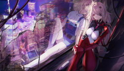 1girl absurdres black_shoes breasts building closed_eyes closed_mouth collared_shirt commentary_request crack cracked_glass damaged different_reflection dress_shirt eyepatch gloves hair_ornament has_bad_revision has_downscaled_revision head_tilt highres hyonee knee_up long_hair md5_mismatch medium_breasts nemesis_(tower_of_fantasy) night night_sky overall_skirt pantyhose parted_lips red_eyes red_gloves reflection resolution_mismatch shirli_(tower_of_fantasy) shirt shoes sitting sky skyscraper smile solo source_smaller tower_of_fantasy very_long_hair white_pantyhose white_shirt