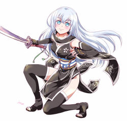 1girl blue_eyes breasts crossed_bangs eiyuu_densetsu floating_hair full_body hair_between_eyes holding holding_sword holding_weapon katana kneeling kuro_no_kiseki_(series) kuro_no_kiseki_i long_hair looking_at_viewer medium_breasts on_one_knee sandals scarf shizuna_rem_misurugi simple_background smile sword thighhighs weapon white_background white_hair xiacheng_tatsuya
