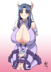 1girl blue_hair blush breasts bridal_gauntlets cleavage covered_erect_nipples dress female_focus full_body huge_breasts kneeling kyonyuu_fantasy long_hair looking_at_viewer mole mole_under_eye narumiamiya roxanne_de_desir simple_background solo