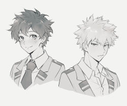 2boys bakugou_katsuki boku_no_hero_academia closed_mouth collared_shirt commentary_request cropped_shoulders freckles grey_background greyscale looking_at_viewer lycik_98 male_focus midoriya_izuku monochrome multiple_boys necktie school_uniform shirt short_hair short_necktie simple_background smile spiked_hair u.a._school_uniform