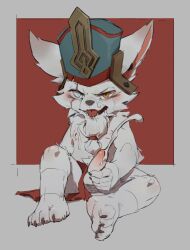 1boy barefoot blue_hat blush claws cum cum_on_body ejaculation erection facial furry furry_male hat heterochromia highres i_lokey kled league_of_legends loincloth male_focus open_mouth penis red_loincloth scar scar_across_eye scar_on_face sitting testicles topless_male white_fur yordle