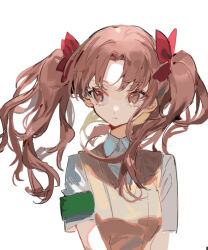 1girl armband bow brown_eyes brown_hair chinese_commentary collared_shirt commentary_request hair_bow long_hair looking_to_the_side parted_bangs qyzhiaiyisheng red_bow school_uniform shirai_kuroko shirt short_sleeves simple_background solo sweater_vest toaru_majutsu_no_index tokiwadai_school_uniform twintails upper_body white_background white_shirt