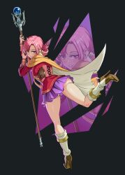 1girl absurdres boots breasts cape commission corset emmettart ethlyn_(fire_emblem) fire_emblem fire_emblem:_genealogy_of_the_holy_war full_body high_heel_boots high_heels highres holding holding_staff large_breasts long_sleeves looking_at_viewer medium_hair nintendo pink_corset pink_eyes pink_hair purple_skirt skirt solo staff standing standing_on_one_leg stiletto_boots stiletto_heels transparent_background yellow_cape