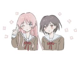 2girls bang_dream! bang_dream!_it&#039;s_mygo!!!!! brown_dress chihaya_anon dress grey_eyes grey_hair hanasakigawa_school_uniform hand_up long_hair long_sleeves looking_at_another looking_at_viewer m_(226mmy) multiple_girls neck_ribbon one_eye_closed open_mouth pink_hair red_ribbon ribbon sailor_collar school_uniform short_hair simple_background takamatsu_tomori upper_body w white_background white_sailor_collar