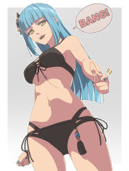 1girl bikini black_bikini blue_hair border breasts chiharu_(9654784) eiyuu_densetsu english_text front-tie_bikini_top front-tie_top gradient_background grey_background groin highres hime_cut kai_no_kiseki kuro_no_kiseki_(series) long_hair looking_at_viewer medium_breasts midriff nail_polish navel open_mouth risette_twinings simple_background smile solo speech_bubble swimsuit two-tone_background white_border yellow_eyes
