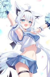 1girl :d absurdres ahoge alternate_costume animal_ears aqua_eyes armpits arms_up blue_skirt blush breasts cheerleader commentary_request fox_ears fox_girl fox_tail hairband highres hololive long_hair looking_at_viewer medium_breasts navel open_mouth pleated_skirt pom_pom_(cheerleading) shirakami_fubuki simple_background skirt smile solo stomach tail thigh_strap togemaru34 virtual_youtuber white_background white_hair