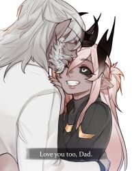 1boy 1girl absurdres aiko_(less) beard black_sclera colored_sclera colored_skin demon_girl demon_horns english_text facial_hair fang father_and_daughter grey_skin grin hair_between_eyes highres horns hug kiss kissing_forehead less long_hair one_eye_closed original pointy_ears smile teeth white_background