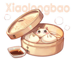 cat commentary cooking_pot dumpling food food_focus food_name no_humans original sauce simple_background suzaku_(zaku6584) white_background