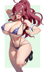Rule 34 | 1girl, :d, absurdres, ahoge, akihiro0920, antenna hair, aqua eyes, bikini, border, breasts, cleavage, collarbone, glasses, green eyes, hair between eyes, highres, kimi no koto ga dai dai dai dai daisuki na 100-nin no kanojo, large breasts, long hair, mole, mole on breast, navel, open mouth, ponytail, purple bikini, red hair, sidelocks, simple background, smile, solo, standing, standing on one leg, striped bikini, striped clothes, swimsuit, white border, yakuzen kusuri, yakuzen kusuri (older)