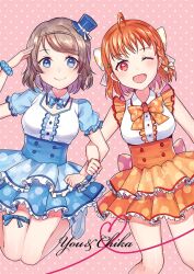 2girls ;d ahoge blue_bow blue_bowtie blue_eyes blue_hat blush bow bowtie braid breasts brown_hair center_frills character_name clover_hair_ornament commentary detached_collar dress earrings frilled_dress frills hair_bow hair_ornament hand_up hat jewelry jumping locked_arms looking_at_viewer love_live! love_live!_sunshine!! mini_hat multiple_girls official_alternate_costume omoi_yo_hitotsu_ni_nare one_eye_closed open_mouth orange_bow orange_bowtie orange_hair pink_background polka_dot polka_dot_bow polka_dot_scrunchie red_eyes ribbon scrunchie shoes short_hair short_sleeves side_braid smile takami_chika tiny_(tini3030) watanabe_you wrist_scrunchie