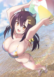 Rule 34 | 1girl, absurdres, arms up, arukiru, azur lane, ball, beachball, bell, bikini, breasts, cleavage, collarbone, commentary request, commission, day, hair between eyes, highres, holding, holding ball, holding beachball, jingle bell, large breasts, long hair, multicolored bikini, nagara (azur lane), open mouth, orange eyes, outdoors, purple eyes, side-tie bikini bottom, skeb commission, small horns, solo, string bikini, summer, swimsuit, teeth, upper teeth only, water