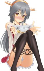 Rule 34 | 1girl, black boots, blush, boots, bow, bow panties, brown eyes, collarbone, commentary request, detached sleeves, double-parted bangs, frilled skirt, frills, full-face blush, full body, grey hair, grey panties, hair between eyes, hair ornament, hairband, hairclip, hakama, hakama short skirt, hakama skirt, haruna (kancolle), highres, holding, holding panties, holding underwear, holding unworn clothes, japanese clothes, jewelry, kantai collection, long hair, looking at viewer, nontraditional miko, outstretched arms, panties, parallel hairclips, presenting removed panties, reaching, reaching towards viewer, red skirt, ribbon-trimmed sleeves, ribbon trim, ring, sidelocks, simple background, sitting, skirt, smile, solo, thigh boots, underwear, wedding ring, white background, white panties, white sleeves, wide sleeves, yellow hairband, yukiyomi
