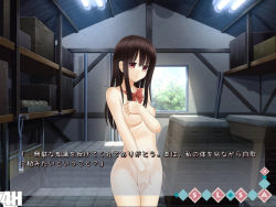 Rule 34 | 1girl, black hair, breasts, covering breasts, covering crotch, covering privates, dialogue box, female focus, gym storeroom, hisahara shizuku, hosi-gaki, indoors, long hair, naked school attendance, neck ribbon, nipples, nude, original, red eyes, ribbon, shitou (4h), solo, translation request, zenra toukou school