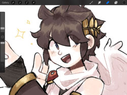 Rule 34 | 1boy, :d, angel, angel wings, art program in frame, blue eyes, bracer, brown hair, commentary, english commentary, eyes visible through hair, feathered wings, fingerless gloves, gloves, highres, kid icarus, kid icarus uprising, laurel crown, male focus, nintendo, open mouth, pit (kid icarus), scarf, screencap, single bare shoulder, smile, solo, spiked hair, teeth, upper teeth only, v-shaped eyebrows, verybigpigeon, white scarf, white wings, wings